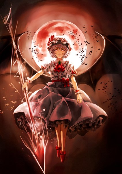 Anime picture 987x1400 with touhou remilia scarlet jan (lightdragoon) single tall image looking at viewer short hair red eyes purple hair night flying bat wings vampire red moon girl dress weapon animal wings moon
