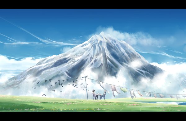 Anime picture 1300x850 with howl's moving castle studio ghibli howl sophie hatter megatruh black hair white hair couple letterboxed mountain landscape girl boy animal bird (birds) table