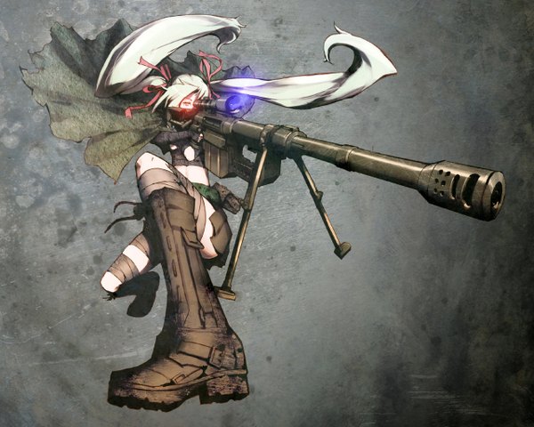 Anime picture 1280x1024 with original inawata single red eyes twintails white hair grey background girl skirt ribbon (ribbons) weapon boots gun cloak bandage (bandages) sniper rifle