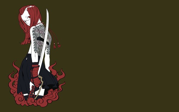 Anime picture 1680x1050 with simple background red eyes wide image red hair pleated skirt tattoo turning head girl skirt gloves weapon sword glasses katana beads