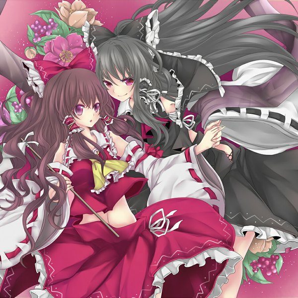 Anime picture 1024x1024 with touhou hakurei reimu rimu (kingyo origin) black hair smile brown hair multiple girls pink eyes alternate costume holding hands miko dual persona girl skirt bow 2 girls hair bow detached sleeves skirt set