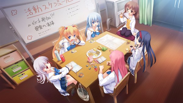 Anime picture 3464x1949 with soshite kirameku otome no himitsu 5 asa no ha highres open mouth blue eyes blonde hair red eyes brown hair wide image multiple girls brown eyes blue hair pink hair white hair 6+ girls 6 girls girl uniform school uniform hairband