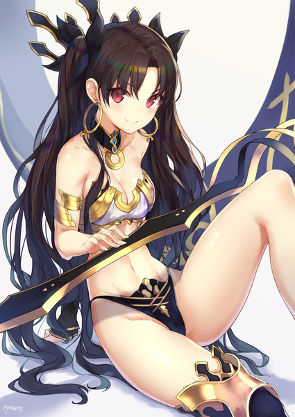 Anime picture 1254x1771 with fate (series) fate/grand order ishtar (fate) ato (haru ato) single long hair tall image looking at viewer blush fringe breasts light erotic smile red eyes brown hair sitting signed cleavage bent knee (knees) arm support