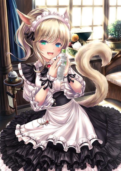 Anime picture 1200x1694 with original tiphereth single long hair tall image blush open mouth blue eyes blonde hair animal ears tail animal tail maid girl dress uniform frills headdress maid headdress wrist cuffs