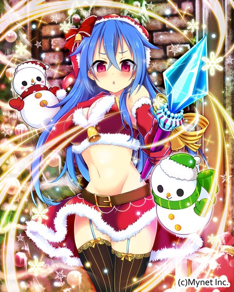 Anime picture 720x900 with original aoi yun long hair tall image blush fringe breasts light erotic hair between eyes red eyes blue hair parted lips :o midriff fur trim magic groin christmas girl thighhighs