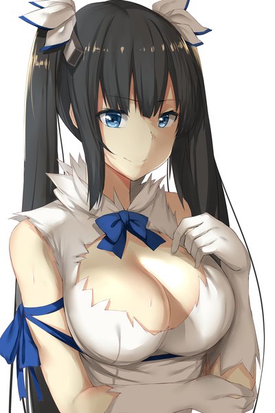 Anime picture 3000x4500 with dungeon ni deai wo motomeru no wa machigatteiru darou ka j.c. staff hestia (danmachi) hews single long hair tall image looking at viewer highres breasts blue eyes light erotic black hair simple background white background cleavage rei no himo girl dress gloves