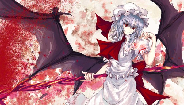 Anime picture 1643x942 with touhou remilia scarlet asagi shii single short hair smile red eyes wide image bat wings girl dress weapon bonnet spear the gungnir