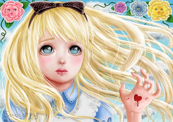 Anime picture 1000x708 with alice in wonderland alice (wonderland) saccstry single long hair blush blue eyes blonde hair signed sky cloud (clouds) wind eyes girl flower (flowers) bow hair bow heart blood card (cards)