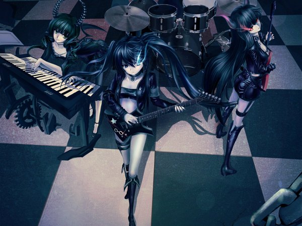 Anime picture 1600x1200 with black rock shooter black rock shooter (character) dead master black gold saw long hair looking at viewer blue eyes black hair smile red eyes twintails multiple girls green eyes horn (horns) open clothes open jacket glowing group glowing eye (eyes) black wings