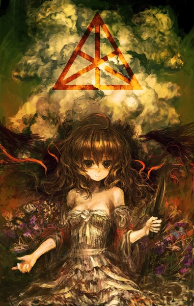 Anime picture 1270x2000 with original lm7 (op-center) single long hair tall image blush fringe brown hair bare shoulders cloud (clouds) black eyes dress flower (flowers) ribbon (ribbons) weapon detached sleeves knife