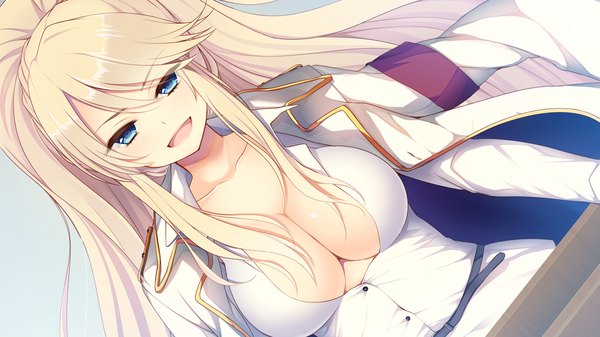Anime picture 1280x720 with aisare roommate single long hair breasts open mouth blue eyes light erotic blonde hair wide image game cg cleavage girl