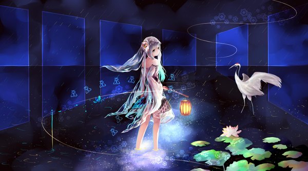 Anime picture 7200x4000 with original .l.l single highres short hair blue eyes wide image bare shoulders looking away absurdres white hair dark background girl dress hair ornament flower (flowers) animal bird (birds) lamp