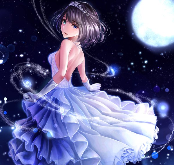 Anime picture 2335x2218 with idolmaster idolmaster cinderella girls takagaki kaede katsuko single looking at viewer highres short hair open mouth blue eyes smile brown hair bare shoulders green eyes looking back from behind night mole night sky mole under eye
