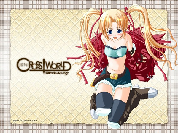 Anime picture 1024x768 with cross world blue eyes blonde hair twintails ribbon (ribbons) shorts