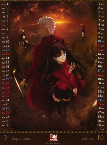 Anime picture 4967x6735 with fate (series) fate/stay night type-moon artoria pendragon (all) saber toosaka rin archer (fate) emiya shirou long hair tall image highres short hair blue eyes black hair blonde hair brown hair multiple girls absurdres white hair scan