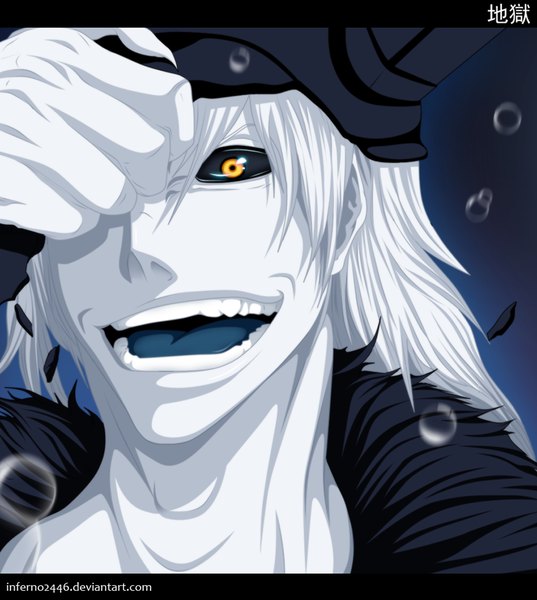 Anime picture 1000x1117 with bleach studio pierrot kurosaki ichigo inferno2446 single long hair tall image open mouth simple background smile white hair orange eyes coloring portrait boy fur mask debris