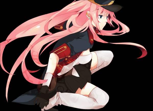 Anime picture 1444x1047 with vocaloid megurine luka hatsuko single long hair blue eyes simple background pink hair black background squat girl thighhighs gloves uniform earrings white thighhighs peaked cap