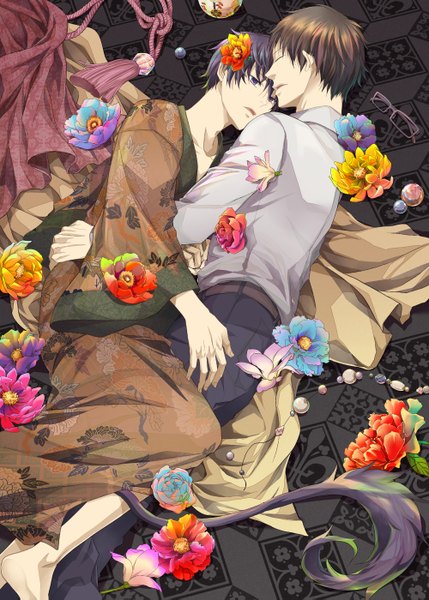 Anime picture 2000x2798 with ao no exorcist a-1 pictures okumura rin okumura yukio tall image highres short hair brown hair purple eyes blue hair purple hair tail lying traditional clothes japanese clothes profile barefoot hair flower multiple boys hug