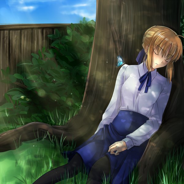 Anime picture 1500x1500 with fate (series) fate/stay night studio deen type-moon artoria pendragon (all) saber tusia (malta) blonde hair eyes closed sleeping girl skirt plant (plants) shirt tree (trees) insect butterfly grass