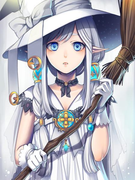 Anime picture 600x800 with original okeya (ol23) single long hair tall image looking at viewer blue eyes simple background standing white background twintails holding pointy ears grey hair witch girl dress gloves bow ribbon (ribbons)
