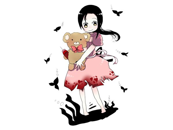 Anime picture 1024x768 with bioshock long hair black hair simple background smile white background yellow eyes girl bowtie teddy bear bear