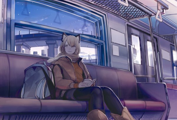Anime picture 1280x874 with original sime (echo) single short hair blonde hair smile sitting brown eyes animal ears looking away sky cloud (clouds) evening girl pantyhose jacket boots scarf book (books) backpack
