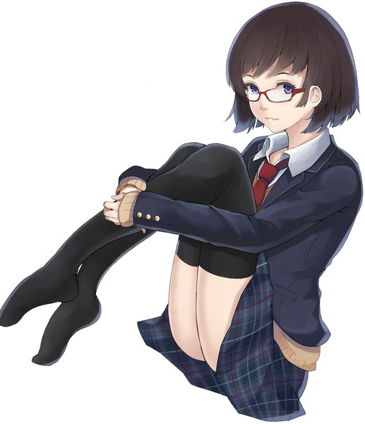 Anime picture 1381x1600 with original saitou (lynx-shrike) single tall image looking at viewer short hair blue eyes simple background brown hair white background sitting light smile no shoes plaid skirt leg lift (legs lift) girl thighhighs skirt uniform black thighhighs