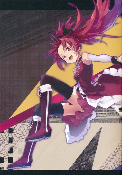 Anime picture 4123x5884 with mahou shoujo madoka magica shaft (studio) sakura kyouko shirabi single long hair tall image looking at viewer blush highres open mouth light erotic absurdres ponytail red hair scan teeth fang (fangs) happy spread arms