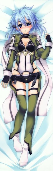 Anime picture 2292x7373 with sword art online a-1 pictures asada shino aoi hiro single tall image looking at viewer blush highres short hair blue eyes blue hair full body dakimakura (medium) girl thighhighs gloves jacket shorts fingerless gloves