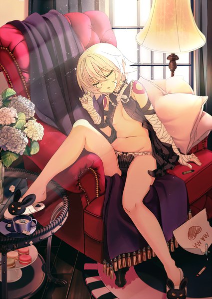 Anime picture 1000x1413 with fate (series) fate/apocrypha jack the ripper (fate/apocrypha) deanna single tall image fringe short hair breasts open mouth light erotic blonde hair hair between eyes bare shoulders payot bent knee (knees) eyes closed parted lips sunlight open clothes