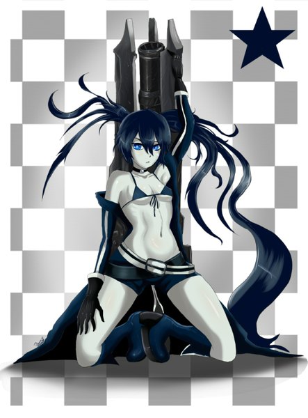 Anime picture 1003x1358 with black rock shooter black rock shooter (character) shadman (theshadling) single tall image blue eyes light erotic black hair twintails bare shoulders very long hair kneeling checkered background uneven twintails girl gloves navel weapon shorts boots