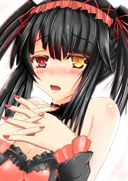 Anime picture 1100x1555 with date a live tokisaki kurumi gladius pvp single long hair tall image looking at viewer blush open mouth black hair simple background white background twintails bare shoulders heterochromia girl dress frills headdress