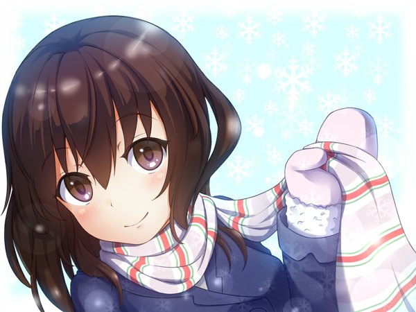 Anime picture 1000x750 with original mount whip single looking at viewer short hair smile brown hair girl scarf mittens