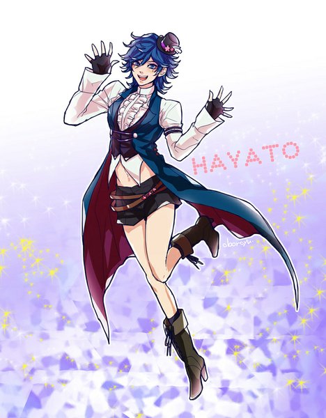 Anime picture 664x850 with uta no prince-sama a-1 pictures ichinose hayato oboroyu (artist) single tall image looking at viewer short hair open mouth blue eyes simple background smile white background blue hair bent knee (knees) arm up high heels standing on one leg leg lift (legs lift) lacing