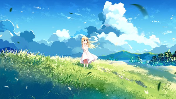 Anime picture 1920x1080 with original xia xiang (ozicha) single long hair blush fringe highres blonde hair hair between eyes wide image green eyes looking away cloud (clouds) wind wallpaper landscape hill girl dress flower (flowers)