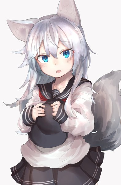 Anime picture 2894x4400 with kantai collection hibiki destroyer ranf single long hair tall image blush fringe highres open mouth blue eyes simple background hair between eyes white background animal ears silver hair tail animal tail blurry fox ears
