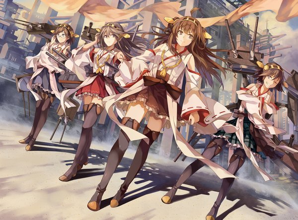 Anime picture 1700x1259 with kantai collection kongou battleship haruna battleship kirishima battleship hiei battleship neko (yanshoujie) long hair looking at viewer short hair smile brown hair purple eyes multiple girls brown eyes full body ahoge traditional clothes japanese clothes one eye closed wink