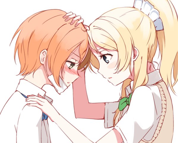 Anime picture 1295x1039 with love live! school idol project sunrise (studio) love live! ayase eli hoshizora rin asterism long hair blush short hair blue eyes simple background blonde hair white background multiple girls brown eyes orange hair hand on head face to face mask pull fever