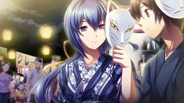 Anime picture 1280x720 with izuna zanshinken (game) long hair short hair brown hair wide image purple eyes blue hair game cg japanese clothes orange eyes couple girl boy kimono fox mask