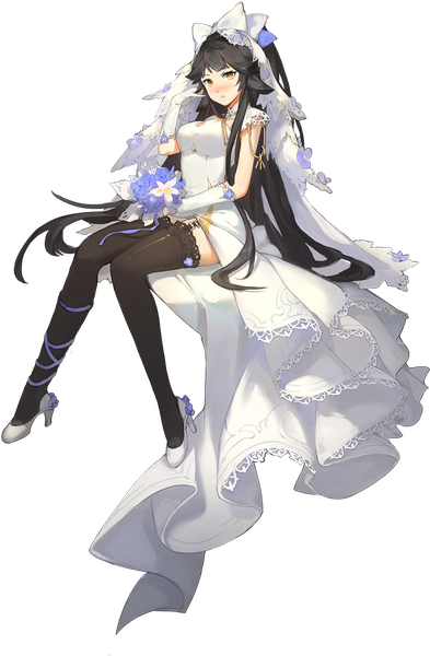 Anime picture 945x1440 with azur lane takao (azur lane) xiaohan single tall image looking at viewer blush breasts black hair sitting holding yellow eyes full body bent knee (knees) very long hair high heels transparent background frilly skirt girl thighhighs