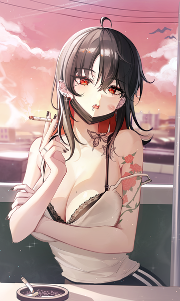 Anime picture 3960x6616 with original eunyoo single long hair tall image looking at viewer fringe highres breasts open mouth light erotic black hair hair between eyes red eyes large breasts standing bare shoulders holding absurdres sky