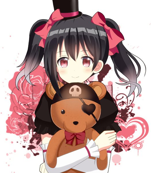 Anime picture 1400x1600 with love live! school idol project sunrise (studio) love live! yazawa nico ryoutan single long hair tall image looking at viewer blush black hair red eyes twintails upper body light smile hug girl flower (flowers) bow hair bow