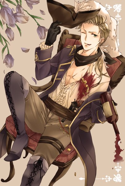 Anime picture 1181x1748 with axis powers hetalia studio deen netherlands (hetalia) single tall image short hair simple background blonde hair sitting green eyes one eye closed wink partially open clothes pirate boy gloves flower (flowers) weapon hat earrings