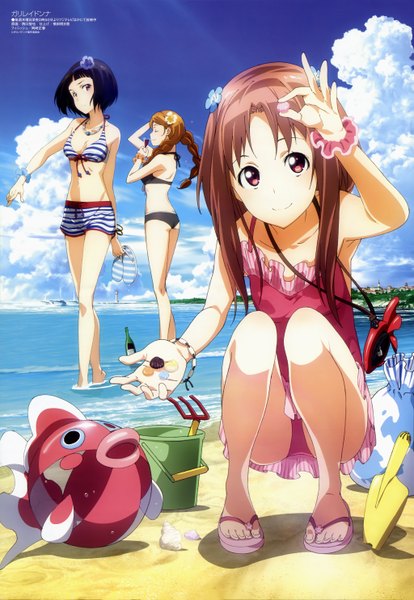 Anime picture 4096x5939 with galilei donna megami magazine hozuki ferrari hazuki ferrari kazuki ferrari long hair tall image highres short hair black hair smile red eyes brown hair multiple girls absurdres sky cloud (clouds) braid (braids) hair flower official art