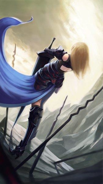 Anime picture 1080x1920 with fate (series) fate/stay night fate/zero studio deen type-moon artoria pendragon (all) saber saber alter single long hair tall image blonde hair back girl weapon sword armor thigh boots