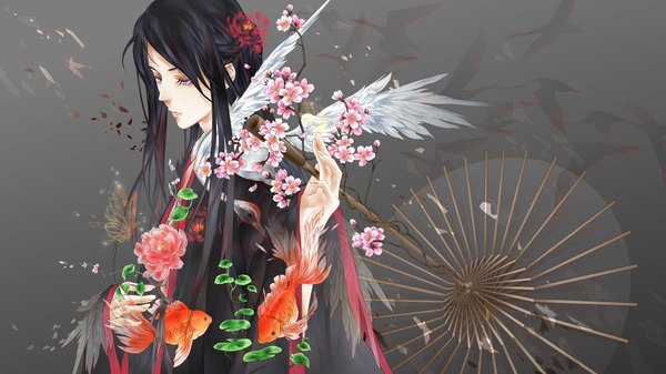 Anime picture 1920x1080 with original eno (artist) single long hair highres open mouth blue eyes black hair wide image traditional clothes japanese clothes hair flower grey background looking down eyeshadow girl hair ornament flower (flowers) animal petals