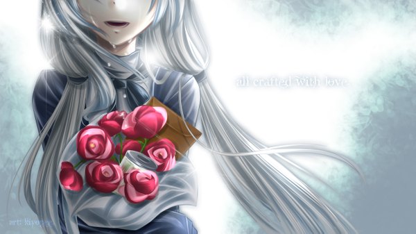 Anime picture 2600x1462 with original kiyopee single long hair highres open mouth wide image twintails silver hair sunlight inscription tears crying girl flower (flowers) rose (roses) bouquet envelope