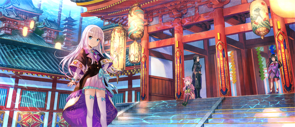 Anime picture 1836x793 with kenja no deshi wo nanoru kenja mira (kenja) fuzichoco long hair looking at viewer fringe highres short hair blue eyes smile hair between eyes wide image standing sitting twintails purple eyes multiple girls animal ears pink hair full body