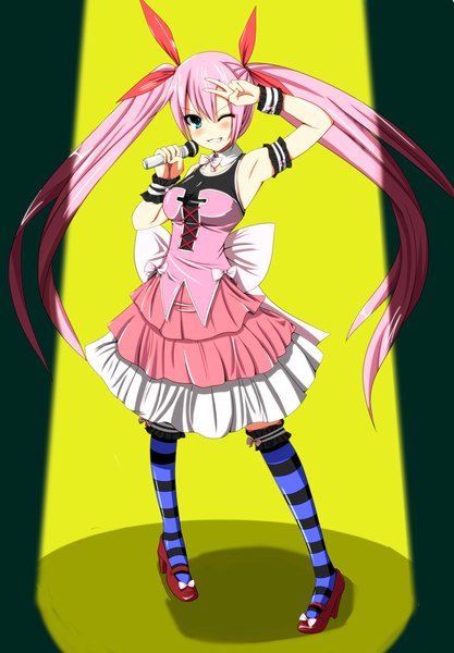 Anime picture 1042x1500 with original alexmaster single long hair tall image looking at viewer blush smile twintails pink hair one eye closed aqua eyes wink armpit (armpits) girl thighhighs shoes striped thighhighs microphone