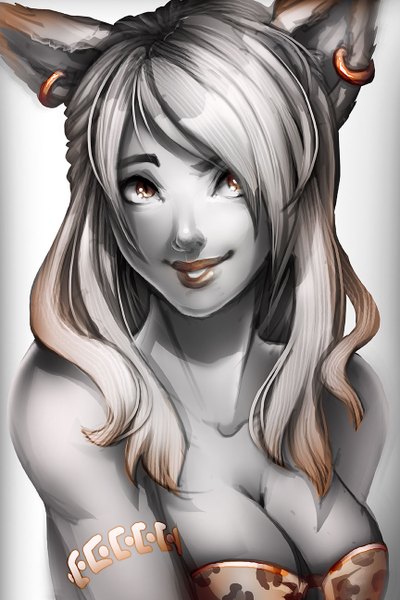 Anime picture 864x1296 with pechan (artist) single long hair tall image looking at viewer breasts light erotic bare shoulders animal ears lips grey hair orange eyes monochrome girl earrings